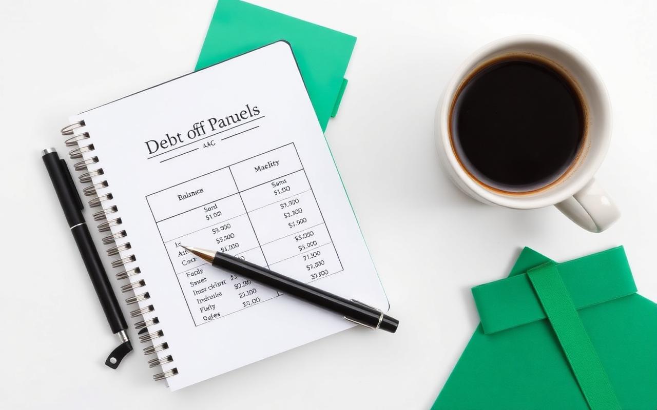 Notebook with a debt payoff comparison table next to a coffee cup and green folders on a white desk