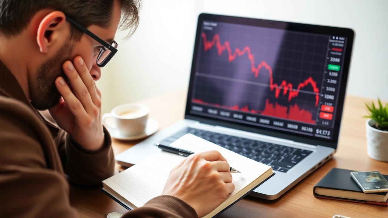 Worried investor looking at a red declining market chart on a laptop while calmly taking notes