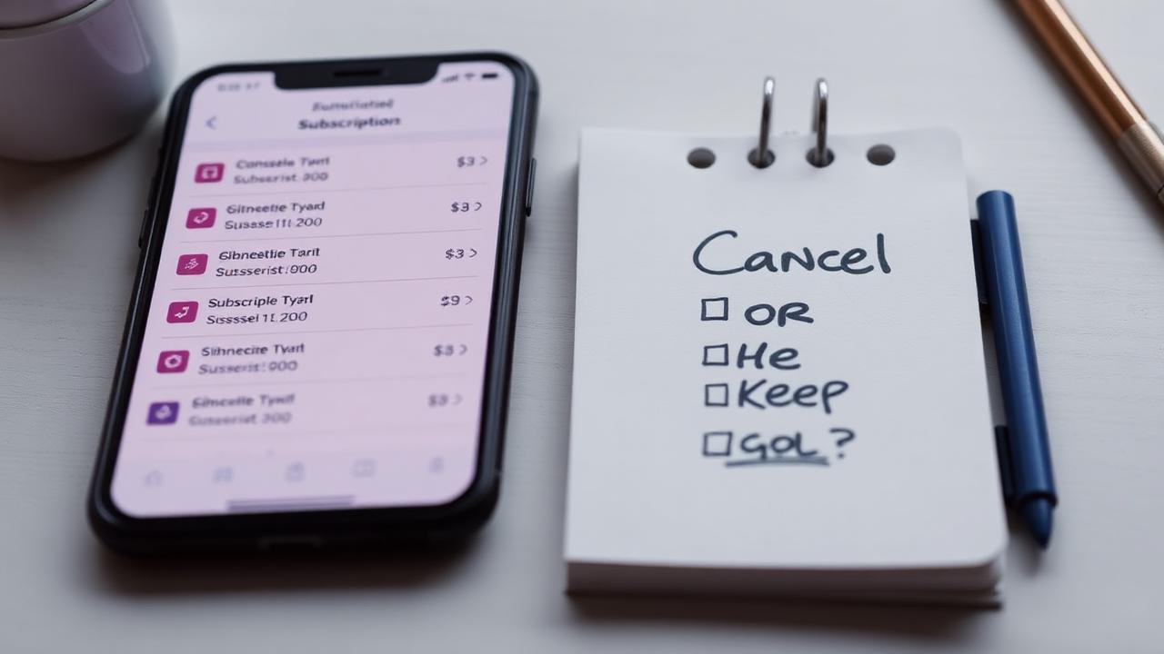 Phone screen showing multiple subscription charges with a notebook checklist titled Cancel or Keep
