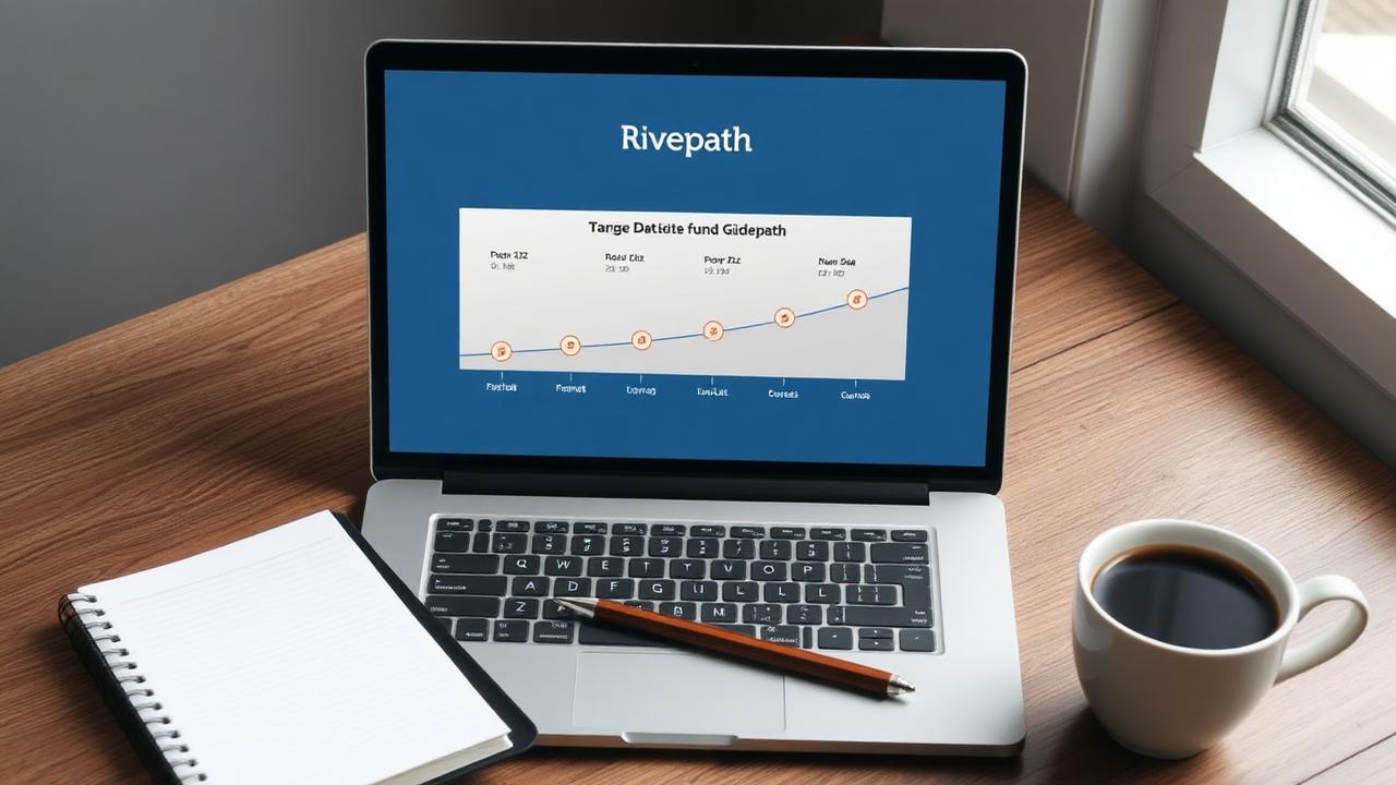 Retirement timeline graphic on a laptop showing a target date fund glidepath with a notebook and coffee