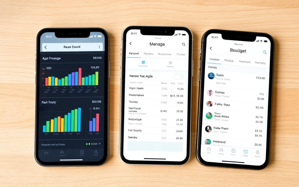 Three smartphones side by side showing different generic budgeting app dashboards on a wooden desk