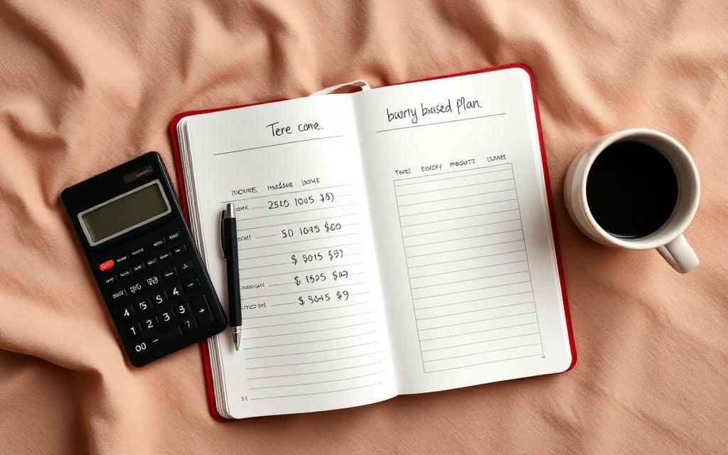 Open notebook with a handwritten zero-based budget plan, calculator, and a cup of coffee on a desk